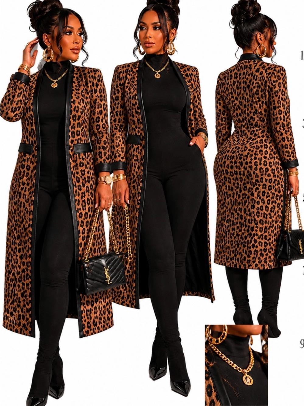 Kasper Leopard-Print Long jacket with Black faux leather Trim - Picture 3 of 9